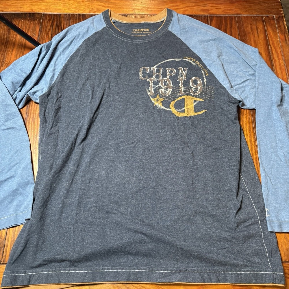 Champion 1919 Blue Long Sleeve Logo T-Shirt Athletic Apparel Men's XL A3757